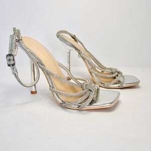 Wild Diva Diamond Detail Ankle‎ Wrap Rhinestone High Heel Silver Party Sandals 6